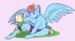  2018 anthro blonde_hair blue_feathers clothed clothing crossgender digital_media_(artwork) duo equine feathered_wings feathers friendship_is_magic hair hi_res male mammal multicolored_hair muscular muscular_male my_little_pony nolycs pegasus rainbow_dash_(mlp) rainbow_hair simple_background topless wings 