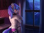  2018 4:3 anthro anthrofied black_hair blue_hair breast_squish breasts butt choker clothed clothing curtains cute cutie_mark dark duo ear_piercing earth_pony embrace equine eye_contact eyelashes female female/female friendship_is_magic hair hi_res horn horse hug hugging_from_behind inside kitchen looking_back mammal multicolored_hair my_little_pony night octavia_(mlp) panties piercing pony purple_eyes rear_view red_eyes rublegun side_boob signature smile standing topless two_tone_hair underwear unicorn vinyl_scratch_(mlp) window 