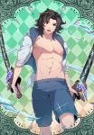  1boy abs argyle_background black_hair commentary dual_wielding english_commentary granblue_fantasy green_background grey_eyes highres holding jacket lancelot_(granblue_fantasy) looking_at_viewer male_focus male_swimwear mazjojo nipples open_clothes open_jacket open_mouth pectorals smile solo swim_trunks sword water weapon 