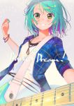  aqua_hair bang_dream! blue_shirt blush bracelet commentary_request copyright_name electric_guitar green_eyes grey_background grin guitar hikawa_hina instrument jewelry looking_at_viewer pendant plaid plaid_shirt plectrum poligon_(046) shirt short_hair short_sleeves side_braids smile solo sparkle sweat upper_body white_shirt 