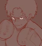  bandages boxing_gloves joe_(megalo_box) las_(las72) male_focus megalo_box monochrome red smile solo upper_body 