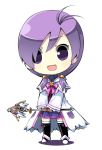  aisha_(elsword) chibi elemental_master_(elsword) elsword long_hair long_sleeves looking_at_viewer open_mouth purple_eyes purple_hair sakumo_(karatama) simple_background smile solo staff standing white_background 