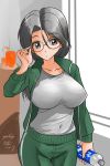  :o adjusting_eyewear artist_name bangs bespectacled bottle breasts commentary covered_navel cowboy_shot dated eyebrows_visible_through_hair freckles girls_und_panzer glasses green_jacket green_pants grey_eyes grey_hair gym_uniform holding indoors jacket large_breasts long_hair long_sleeves looking_down matsui_yasutsugu open_clothes open_jacket pants parted_lips piyotan ponytail round_eyewear shirt signature solo standing track_jacket track_pants water_bottle white_shirt 