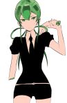  amputee androgynous black_neckwear black_shirt black_shorts closed_mouth collared_shirt colored_eyelashes commentary_request cowboy_shot crystal crystal_hair gem_uniform_(houseki_no_kuni) green_eyes green_hair green_nails highres houseki_no_kuni jade_(houseki_no_kuni) long_hair looking_at_viewer monsieur nail_polish necktie puffy_short_sleeves puffy_sleeves severed_hand severed_limb shirt short_sleeves shorts simple_background solo standing sweatdrop white_background white_shirt wing_collar 
