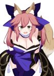  :d animal_ear_fluff animal_ears bare_shoulders blue_bow blue_kimono blue_legwear blush bow breasts cleavage commentary_request detached_sleeves eyebrows_visible_through_hair fang fate/extra fate_(series) fox_ears fox_girl fox_tail green_eyes hair_between_eyes hair_bow highres japanese_clothes kimono kujou_karasuma large_breasts long_hair long_sleeves open_mouth pink_hair simple_background smile solo strapless tail tamamo_(fate)_(all) tamamo_no_mae_(fate) thighhighs twintails v-shaped_eyebrows white_background wide_sleeves 