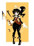  1girl alice_(bendy_and_the_ink_machine) bag bendy_and_the_ink_machine black_hair black_lips boots breasts detached_sleeves gloves halo highheel_boots horns ponytail sword thighhighs weapon zanty_chan 