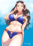  arm_behind_back artist_name bikini blue_background blue_bikini breasts brown_hair cleavage closed_mouth cowboy_shot fate/grand_order fate_(series) green_eyes hand_in_hair jack_hamster large_breasts leonardo_da_vinci_(fate/grand_order) light_smile long_hair looking_at_viewer multi-strapped_bikini navel signature skindentation solo standing swimsuit 