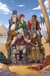  alderion-al amputee black_hair blue_sky brown_hair choker dark_skin dark_skinned_male desert diamond_wa_kudakenai dog double_amputee egypt everyone eyepatch grandfather_and_grandson hands_in_pockets hat highres iggy_(jojo) jean_pierre_polnareff jojo_no_kimyou_na_bouken joseph_joestar kakyouin_noriaki kuujou_joutarou male_focus mohammed_avdol multiple_boys old_man older one-eyed photo prosthesis prosthetic_arm prosthetic_leg pyramid red_hair scar scar_across_eye silver_hair sky stardust_crusaders stone_ocean vento_aureo what_if wheelchair 