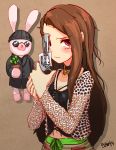  1girl blush breasts brown_eyes brown_hair bunny choker cleavage gun leon_the_professional long_hair looking_at_viewer mathilda_lando midriff small_breasts stuffed_rabbit stuffed_toy sunglasses tagme teenage weapon 