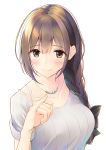  absurdres blush bra_strap braid breasts brown_eyes brown_hair collarbone commentary_request hair_over_shoulder hair_ribbon highres idolmaster idolmaster_shiny_colors jewelry kuwayama_chiyuki large_breasts long_hair looking_at_viewer megurumiru necklace pinky_out ribbed_shirt ribbon shirt single_braid smile solo 