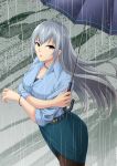  absurdres blue_shirt bracelet breasts brown_eyes cleavage commentary_request crossed_arms dress_shirt highres idolmaster idolmaster_cinderella_girls jewelry long_hair looking_at_viewer rain shirt silver_hair skirt solo striped striped_shirt takamine_noa umbrella yuhata_yatsuka 