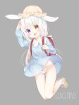  :d animal_ears arm_up artist_name backpack bag bangs blue_bow blue_dress blush bow bow_panties brown_eyes brown_footwear bunny_ears collared_dress dress eyebrows_visible_through_hair gradient_hair grey_background groin hair_bow hairband heterochromia highres holding loafers long_hair long_sleeves looking_at_viewer multicolored_hair open_mouth original panties pink_hair puffy_long_sleeves puffy_sleeves purple_eyes randoseru shoes sidelocks silver_hair simple_background smile socks solo striped striped_panties thick_eyebrows underwear usagimiko very_long_hair white_bow white_legwear yellow_hairband 