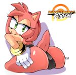  amy_rose anthro bent_over butt clothing crouching eyelashes female fur gloves green_eyes hairband half-closed_eyes hand_on_hip hedgehog looking_at_viewer looking_back mammal misswerehog one-piece_swimsuit open_mouth pink_fur presenting pussy simple_background solo sonic_(series) sweat swimsuit text 