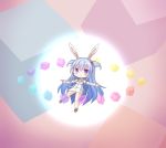  animal_ears blue_hair blush bunny_ears chibi cube danmaku detached_sleeves dress eyebrows_visible_through_hair eyes_visible_through_hair frr_(akf-hs) hair_bobbles hair_ornament highres long_hair looking_at_viewer noah_(rabi_ribi) outstretched_arms purple_eyes rabi-ribi smile solo spread_arms two_side_up very_long_hair 