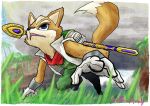  achillexmouly anthro black_nose blue_eyes brown_fur canine clothing dipstick_tail fox fox_mccloud fur gloves grass jacket male mammal multicolored_tail nintendo scarf signature solo staff star_fox starfox_adventures video_games white_fur 