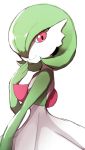 absurdres closed_mouth commentary from_side gardevoir gen_3_pokemon hand_to_own_mouth hand_up highres looking_at_viewer looking_to_the_side no_humans pink_eyes pokemon pokemon_(creature) simple_background smile solo wada_kazu white_background 