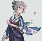  :o absurdres anastasia_(idolmaster) blue_eyes blush bow commentary_request floral_print grey_hair hair_bow hakama highres idolmaster idolmaster_cinderella_girls japanese_clothes kimono looking_to_the_side petals rum_raisin_(chihiromakita19) short_hair solo 