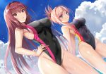  blonde_hair blue_eyes clouds fate/grand_order fate_(series) harimoji long_hair miyamoto_musashi purple_hair red_eyes scathach_(fate/grand_order) short_hair sky swimsuit 