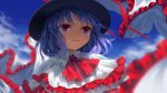  bangs black_hat blue_hair blue_sky capelet closed_mouth cloud day frilled_capelet frills hat highres nagae_iku outdoors pink_eyes red_neckwear short_hair sky solo suna_(s73d) touhou upper_body white_capelet 