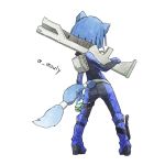  2018 achillexmouly anthro backpack belt blue_fur blue_hair bodysuit boots butt_pose canine clothing female footwear fox fur gun hair hair_ornament krystal mammal nintendo pigeon_toed ranged_weapon short_hair signature simple_background skinsuit solo star_fox tailband tight_clothing video_games weapon 