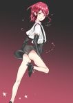  ass coin_rand elbow_gloves gem_uniform_(houseki_no_kuni) gloves gradient gradient_background high_heels highres houseki_no_kuni looking_back parted_lips r-15 red_eyes red_hair see-through shinsha_(houseki_no_kuni) shorts suspenders 