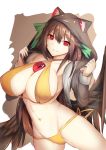  animal_hood bikini bow breasts brown_background brown_hair cat_hood commentary_request criss-cross_halter eyebrows_visible_through_hair feathered_wings green_bow grey_jacket groin hair_between_eyes hair_bow halterneck hands_up highres holding hood hood_up hooded_jacket jacket large_breasts long_hair long_sleeves looking_at_viewer navel open_clothes open_jacket parted_lips red_eyes reiuji_utsuho side-tie_bikini smile solo stomach swimsuit thighs third_eye touhou two-tone_background uchisukui white_background wings yellow_bikini 