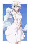  anastasia_(idolmaster) blue_eyes border bracelet clothes_grab cloud commentary_request day dress grey_hair highres idolmaster idolmaster_cinderella_girls jewelry looking_at_viewer necklace short_hair solo white_border white_dress zyuuyon 