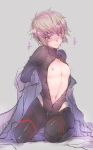  alternate_costume bodysuit brown_hair bulge closed_mouth coat coat_removed gran_(granblue_fantasy) granblue_fantasy grey_background gunslinger_(granblue_fantasy) kneeling long_coat looking_to_the_side male_focus navel nipples protected_link shaded_face side_slit simple_background solo trembling undressing yoh_kad 