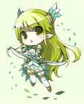  bow_(weapon) chibi elf elsword grand_archer_(elsword) green_background hair_ornament jumping leaf long_hair looking_at_viewer open_mouth pointy_ears rena_(elsword) sakumo_(karatama) simple_background solo thighhighs weapon 