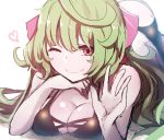  ;) absurdres ahoge ass bangs bare_arms bare_shoulders bikini black_bikini blurry blurry_background blush breasts cleavage closed_mouth commentary_request depth_of_field eyebrows_visible_through_hair green_hair hair_between_eyes hair_ribbon hand_up heart highres large_breasts long_hair lying on_stomach one_eye_closed original pink_eyes pink_ribbon ribbon smile solo swimsuit very_long_hair wada_kazu white_background 