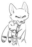  2018 anthro black_and_white canine cheek_tuft clothed clothing disney duo ear_markings facial_markings female fox fuel_(artist) fur_markings head_tuft hug jack_savage lagomorph looking_at_viewer male male/female mammal markings monochrome possessive rabbit scowl simple_background skye_(zootopia) tuft white_background zootopia 