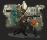  2018 5_fingers anthro assault_rifle black_nose blood bullet canine clothed clothing digital_media_(artwork) digitigrade duo ear_piercing facial_piercing fog footwear fur gauged_ear green_eyes gun hitmore holding_object holding_weapon male mammal nose_piercing orange_fur piercing profanity ranged_weapon rifle shield shoes weapon wolf 