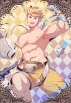  argyle argyle_background bag belt blonde_hair chest granblue_fantasy highres looking_at_viewer male_focus male_swimwear mazjojo nipples open_mouth smile solo sparkle swim_trunks swimsuit swimwear vane_(granblue_fantasy) yellow_background yellow_swimsuit 
