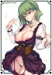  absurdres alternate_costume arm_belt belt bottomless breasts character_name collarbone colored_pubic_hair corset cowboy_shot dress ear_piercing earrings eyebrows_visible_through_hair garter_belt garter_straps green_hair green_pubic_hair hair_between_eyes hands_up head_tilt heart highres jewelry juliet_sleeves kazami_yuuka large_breasts long_sleeves looking_at_viewer moneti_(daifuku) nipples no_bra petals piercing pink_lips pubic_hair puffy_sleeves purple_dress red_eyes red_legwear scan short_hair simple_background smile solo standing thighhighs thighs touhou white_background 