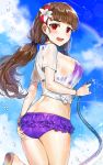  ass back bangs bikini blue_sky blunt_bangs blush bracelet breasts brown_hair collarbone commentary day flower gijang hair_flower hair_ornament hips hose idolmaster idolmaster_cinderella_girls jewelry kamiya_nao large_breasts long_hair looking_at_viewer low_twintails open_mouth purple_bikini red_eyes shirt sky solo swimsuit symbol_commentary thick_eyebrows twintails wet wet_clothes wet_shirt 