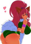  1girl animal_ears ass bare_legs bare_shoulders breasts cat_ears cat_girl cleavage cleavage_cutout curvy female full_body happy heart_cutout highleg highleg_leotard huge_ass kiss large_breasts leotard looking_at_viewer looking_back paw_print perisie_(star_ocean) pink_hair ponytail ryoi shiny shiny_skin simple_background smile star_ocean star_ocean_first_departure tail thighs v very_long_hair wink 