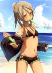 bikini boots brown_eyes food food_in_mouth fu-ta grey_hair hair_ornament hairclip hand_up highres hood hoodie long_sleeves looking_at_viewer mouth_hold ocean off_shoulder original ponytail popsicle side-tie_bikini solo swimsuit usami_taiga wet 