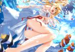  :d ass bare_legs barefoot bikini blonde_hair blurry breasts cleavage clownfish commentary_request depth_of_field eyebrows_visible_through_hair fate/grand_order fate_(series) fish foreshortening from_below front-tie_top green_eyes hair_between_eyes hair_intakes hair_ribbon large_breasts long_hair nero_claudius_(fate)_(all) nero_claudius_(swimsuit_caster)_(fate) open_mouth petals ribbon side-tie_bikini smile solo striped striped_bikini swimsuit tsuuhan underboob underwater 