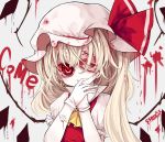  ascot bandage_over_one_eye bandages bandaid bandaid_on_arm blonde_hair blood earrings eyebrows_visible_through_hair flandre_scarlet gloves grey_background hat jewelry long_hair looking_at_viewer puffy_short_sleeves puffy_sleeves red_eyes red_ribbon ribbon short_sleeves side_ponytail smile solo touhou upper_body vils white_gloves yellow_neckwear 