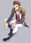  bigur black_footwear blue_eyes boots brown_hair epaulettes fate/grand_order fate_(series) looking_at_viewer male_focus military military_uniform napoleon_bonaparte_(fate/grand_order) pants pectorals sideburns sitting smile solo spiked_hair uniform white_pants 