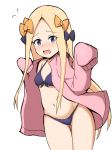  abigail_williams_(fate/grand_order) absurdres ass_visible_through_thighs bangs bikini black_bikini black_bow blonde_hair blue_eyes blush bow breasts commentary eyebrows_visible_through_hair fate/grand_order fate_(series) flying_sweatdrops forehead front-tie_bikini front-tie_top groin hair_bow halter_top halterneck hands_up highres hood hood_down hooded_jacket jacket long_hair long_sleeves mitchi navel nose_blush open_clothes open_jacket open_mouth orange_bow parted_bangs pink_jacket simple_background sleeves_past_fingers sleeves_past_wrists small_breasts solo swimsuit thigh_gap very_long_hair wavy_mouth white_background 