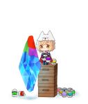  berserker_(granblue_fantasy) blonde_hair box brown_eyes cape chibi crystal djeeta_(granblue_fantasy) granblue_fantasy hat navel paint paint_can paintbrush panda_(azarashi_suki) standing_on_box tears 