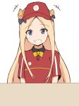 1girl abigail_williams_(fate/grand_order) absurdres alternate_costume bangs black_bow blonde_hair blue_eyes blush bow collared_shirt commentary_request cosplay employee_uniform eyebrows_visible_through_hair fast_food_uniform fate/grand_order fate_(series) flat_cap forehead grin hair_bow hat hataraku_maou-sama! highres long_hair looking_at_viewer mitchi orange_bow parted_bangs polo_shirt red_hat red_shirt shirt short_sleeves simple_background smile solo uniform very_long_hair white_background 