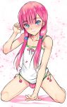  1boy blue_eyes blush bulge coin_rand long_hair male_focus pink_hair pink_panties simple_background smile trap 