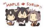  :t =d american_beaver_(kemono_friends) animal_ears antlers bear_ears beaver_ears black_hair blue_neckwear bottle bridal_gauntlets brown_bear_(kemono_friends) chibi collared_vest commentary cropped_torso crossed_arms eating elbow_gloves english extra_ears eyebrows_visible_through_hair food fur_collar fur_scarf gloves grey_hair hair_between_eyes hair_ornament hairclip high_collar holding holding_bottle holding_plate kemono_friends kyanos1145 leaf_print long_hair long_sleeves maple_leaf_print moose_(kemono_friends) moose_ears multicolored_hair multiple_girls open_mouth pancake plate scarf shirt short_hair short_sleeves side-by-side simple_background smile sweater two-tone_hair upper_body vest white_background |_| 