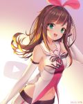  :d a.i._channel arm_up bangs bare_shoulders blush breasts brown_hair collarbone commentary detached_sleeves eyebrows_visible_through_hair green_eyes hair_ribbon highres kizuna_ai lee_seok_ho long_hair long_sleeves looking_at_viewer medium_breasts multicolored_hair navel open_mouth pink_hair pink_ribbon play_button ribbon round_teeth shirt shorts sleeveless sleeveless_shirt sleeves_past_wrists smile solo streaked_hair teeth upper_teeth very_long_hair virtual_youtuber white_shirt white_shorts 