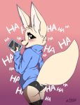  2018 absurd_res aggressive_retsuko anthro biped blush breasts brown_eyes butt canine clothed clothing digital_drawing_(artwork) digital_media_(artwork) female fennec fenneko fox fur hi_res looking_at_viewer mammal simple_background smile solo text ziggy_fox 