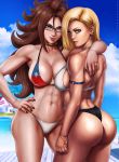  abs absurdres android_18 android_21 arm_around_shoulder armlet ass ass_visible_through_thighs biceps bikini black_nails blonde_hair blue_eyes blue_sky bracelet breasts brown_hair cleavage collarbone dandon_fuga day dragon_ball dragon_ball_fighterz dragon_ball_z earrings glasses hand_on_hip highres hoop_earrings jewelry large_breasts long_hair looking_at_viewer looking_back multiple_girls nail_polish navel paid_reward patreon_reward pinup ring short_hair sky smile stomach swimsuit thong thong_bikini toned very_long_hair wedding_band 