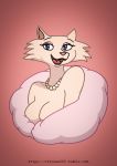  2018 animalympics anthro big_breasts breasts bust_portrait cat cleavage clothed clothing crayzee609 digital_media_(artwork) eyelashes fangs feline female front_view fur hi_res jewelry looking_at_viewer mammal necklace open_mouth portrait simple_background smile solo teeth tongue 