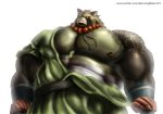  2018 anthro belly biceps blazingblazen brown_fur canine clothed clothing digital_drawing_(artwork) digital_media_(artwork) fundoshi fur gyobu hi_res japanese_clothing jewelry looking_at_viewer male mammal muscular muscular_male necklace nipples overweight overweight_male pecs robe scar simple_background slightly_chubby solo standing tanuki tokyo_afterschool_summoners underwear video_games 